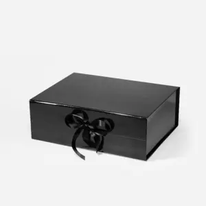 A4 Deep Glossy Black Magnetic Gift Box with Ribbon